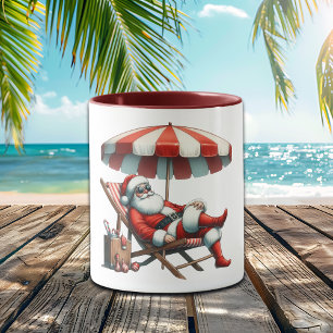 Caneca Natal com Papai Noel sob um Guarda-Chuva de Praia