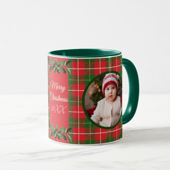 Caneca Natal da família personalizada Vermelho, Xadrez ve (Frente Esquerda)