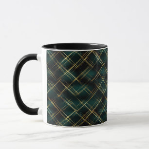 Caneca Natal da Xadrez de Tartan Verde Dourado e Escuro