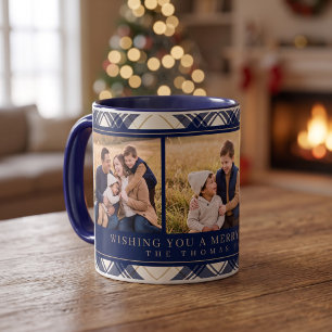 Caneca Natal de Xadrez Azul-Marinho com Três Fotos