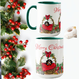 Caneca Natal Feliz Férias, Cachorrinho Fofo em uma Cesta