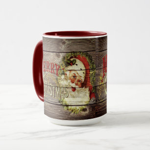 Caneca Natal Feliz Vintage & Papai Noel em Madeira Velha