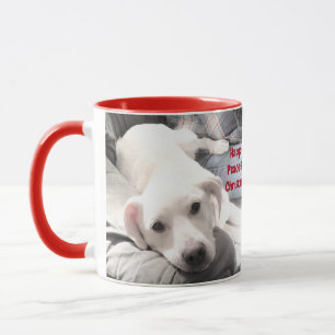 Caneca Natal Fofo Feliz Pacífico Cachorro Branco Vermelho