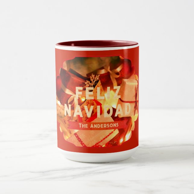 Caneca Natal moderno do Red Dourado Feliz Navidad Script (Centro)