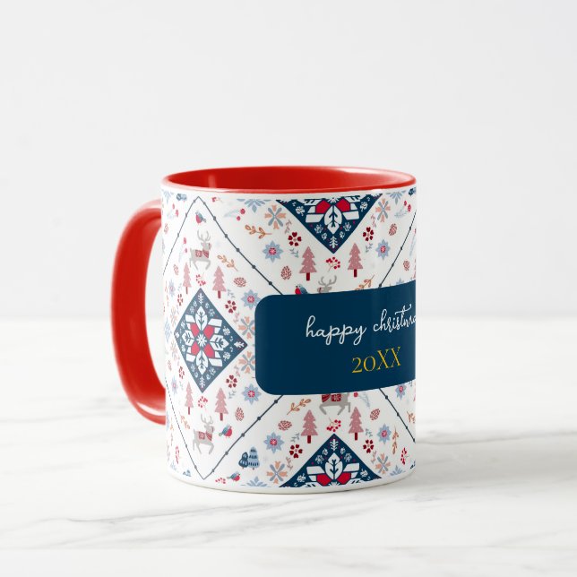 Caneca Natal nórdico com Reindeer e Flocos de Neve (Frente Esquerda)