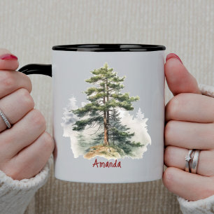 Caneca Natal pinheiros verde caçador aquarela Fofo