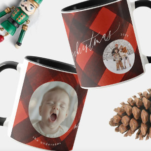Caneca Natal Pintado de Vermelho e Xadrez Preto Duas Foto