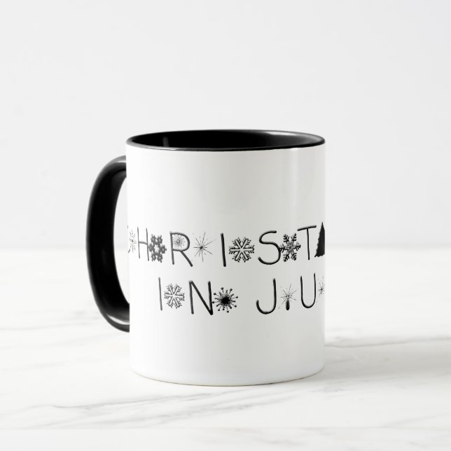 Caneca Natal preto e branco em julho (Frente Esquerda)