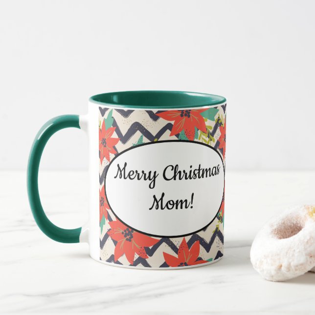 Caneca Natal Red Poinsettia Black & White Chevron (Com Donut)