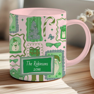 Caneca Natal verde rosa desenho à mão