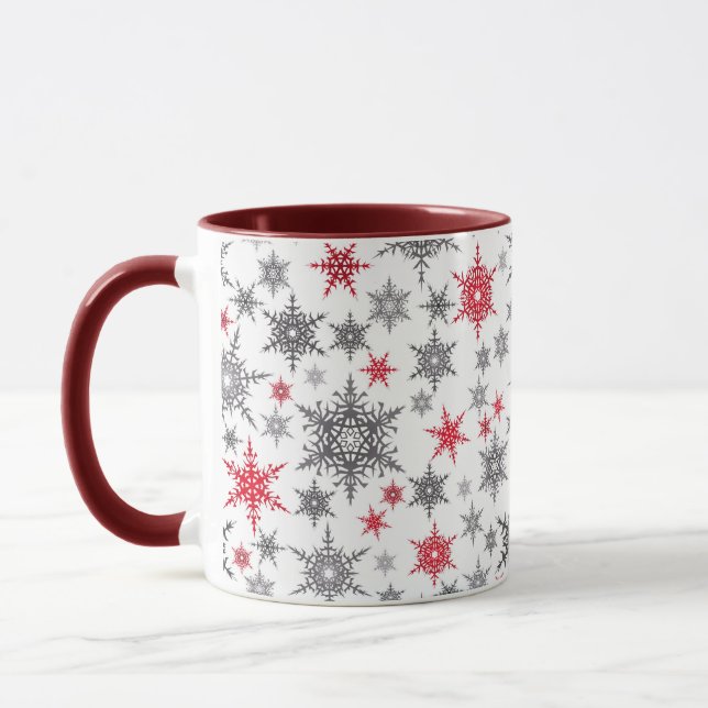 Caneca Natal, vermelho, branco, flocos de neve, inverno,  (Esquerda)