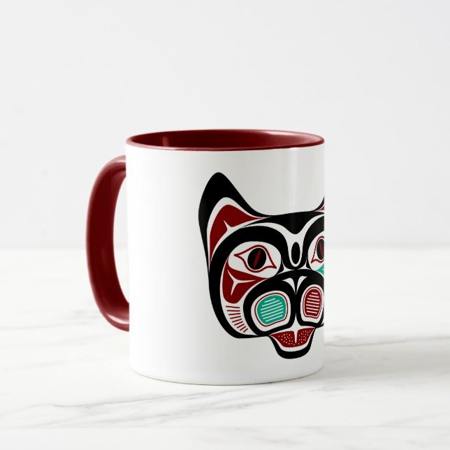Caneca Native American Red Black Green Haida Art Kitty (Frente Esquerda)