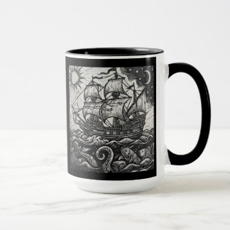 Caneca Navio Alto e Monstro Marinho Xilogravura Vi