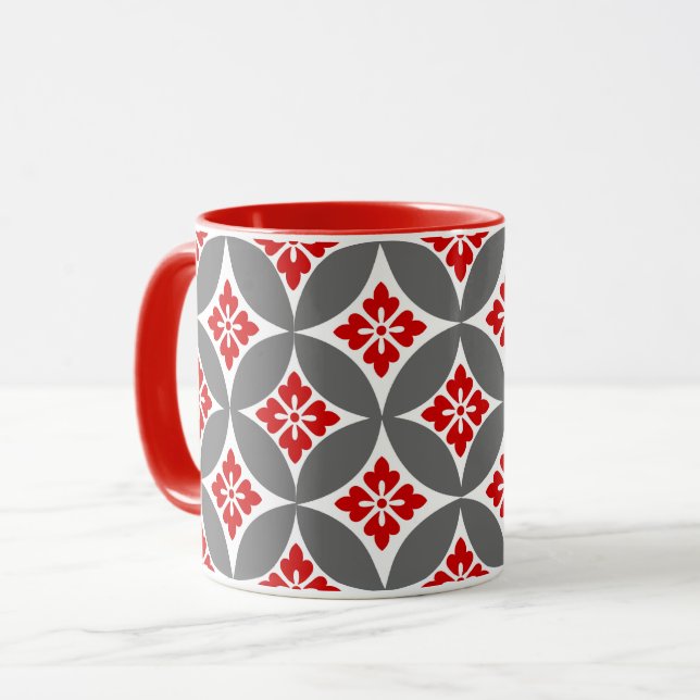 Caneca Navio com Motif Flor, Vermelho, Branco e Cinzas (Frente Esquerda)