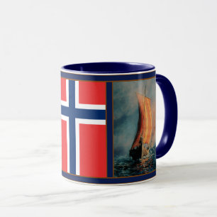 Caneca Navio de Viking no mar/oceano, bandeira de