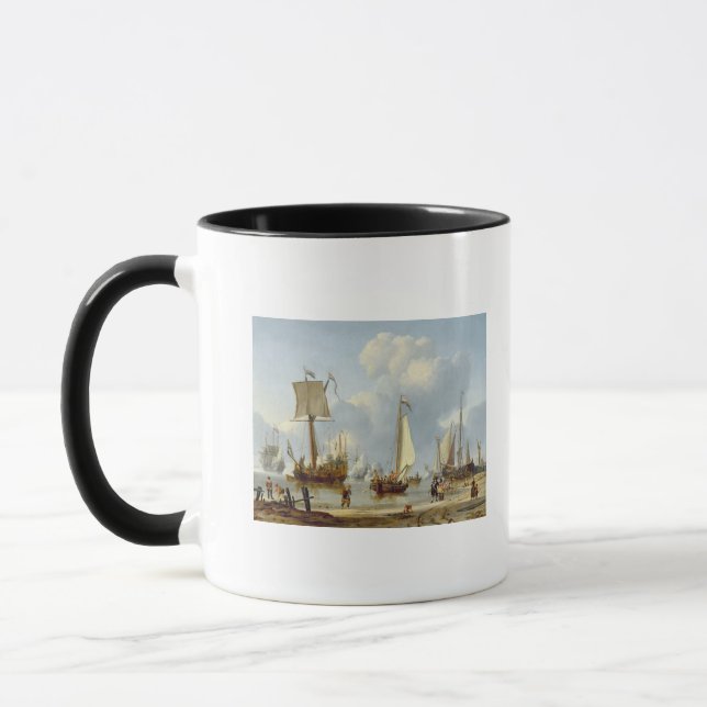 Caneca Navios na água calma com figuras pela costa (Esquerda)