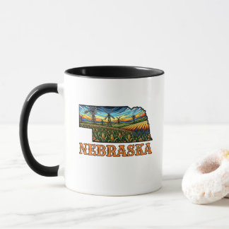 Caneca Nebraska Tattoo Style Outline with Cornfields