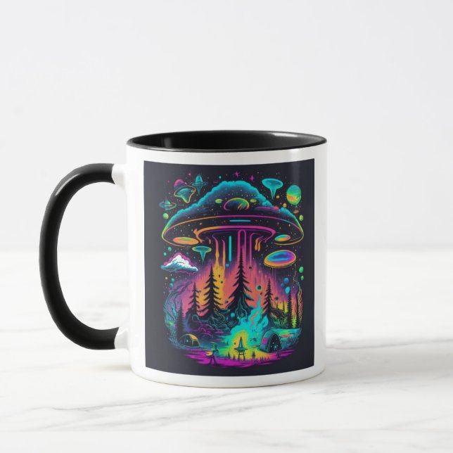 Caneca Neon OVNI e Alienígena Cena Psicodélica (Esquerda)