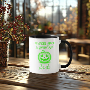 Caneca Neon Personalizável de Halloween - Design de Abóbo