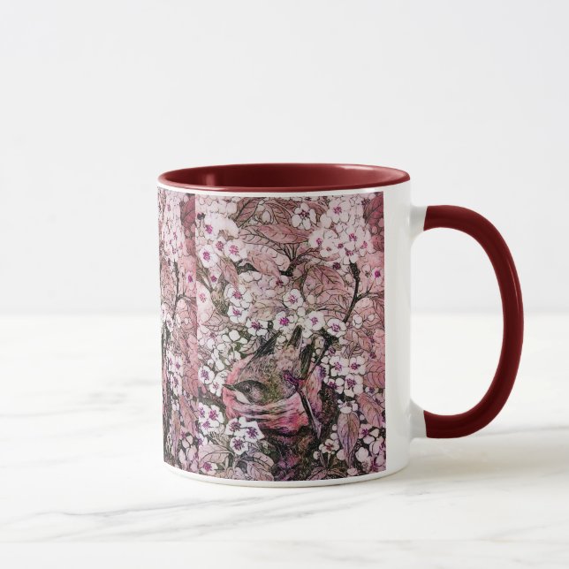 CANECA NESTE DE PÁSSAROS, FLORES DE PRIMAVERA BRANCA VERM (Direita)
