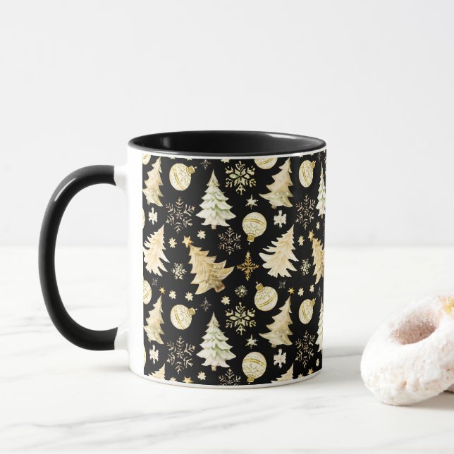 Caneca Neves Dourada Negra Elegante Flocos de Natal (Com Donut)