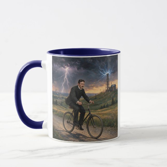 Caneca Nikola Tesla andando de bicicleta para seu laborat (Esquerda)