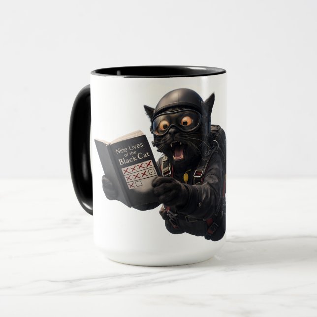 Caneca Ninth life, oh bugger, funny skydiving black cat t (Frente Esquerda)