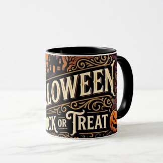 Caneca Noites Encantadoras de Halloween Gato Preto Bruxa 
