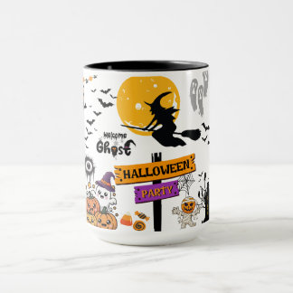 Caneca Noites Encantadoras de Halloween Gato Preto Bruxa 
