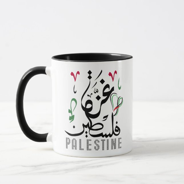 Caneca Nome Árabe Palestina e Gaza com bandeira palestina (Esquerda)
