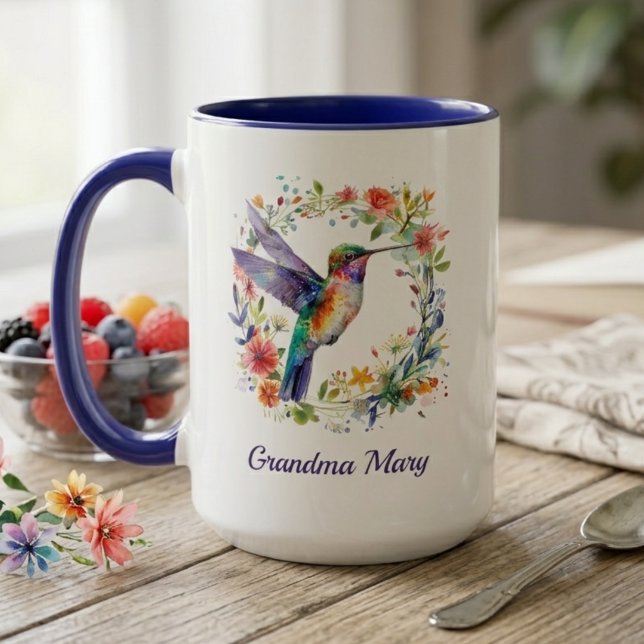 Caneca Nome Avó Beija-flor Presente Floral (Watercolor hummingbird mug with grandma's name — beautiful Mother's Day gift for grandma)