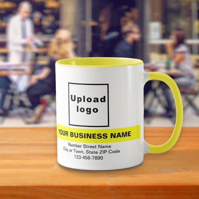 Caneca Nome comercial destacado na caneta amarela Combo (Your business name with highlight, logo, address and phone number on yellow combo mug.)