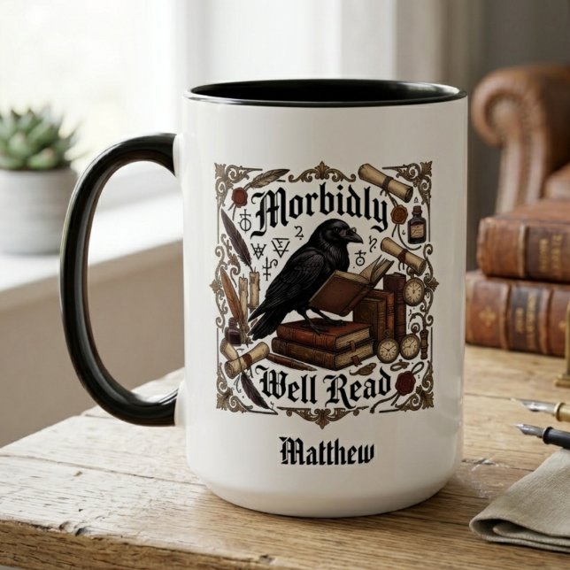 Caneca Nome Corvo Gótico Dark Academia (A raven mug for your favorite student to enjoy while reading during the Halloween season.)