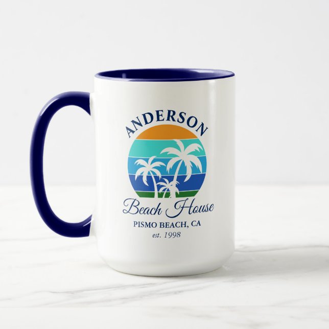 Caneca Nome da família Beach House Sun Palm Trees Blue La (Esquerda)