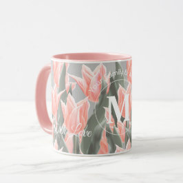 Caneca Nome da Família Elegante Monograma Tulipas de Pêss