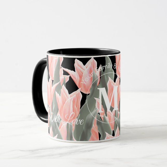 Caneca Nome da Família Elegante Monograma Tulipas de Pêss (Frente Esquerda)
