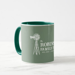 Caneca Nome da família Fazenda Rustic Windmill Sage Green