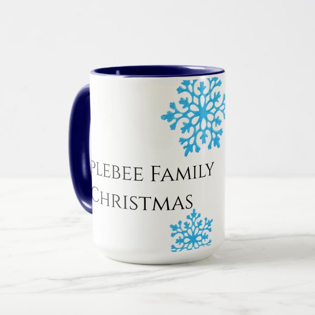 Caneca Nome da família Floco de neve moderno azul-brilhan (Frente Esquerda)