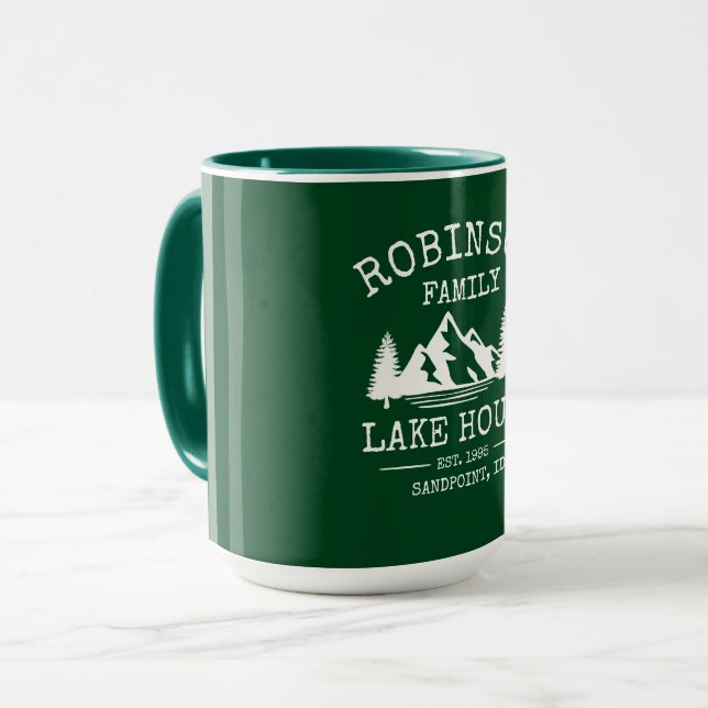 Caneca Nome da Família Lago Árvores Floresta Verde Grande (Frente Esquerda)