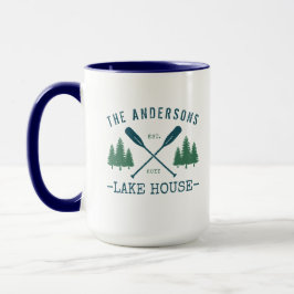 Caneca Nome da família Lago House Oars Rustic Pine Trees 