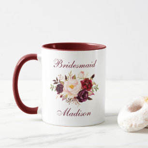 Caneca Nome de Bridesmaid Watercolor Burgundy Floral