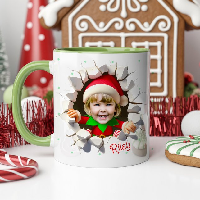 Caneca Nome de Elfo de Natal Foto Divertida da Face de Cr (Funny Custom Kids Face Photo cute Elf Personalized Name Christmas Hot Chocolate Holiday Mug Gift)