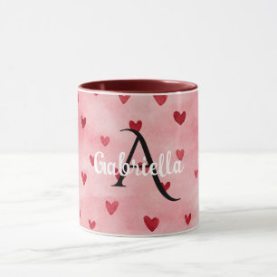 Caneca Nome de Monograma de Corações Vermelhos Rosa