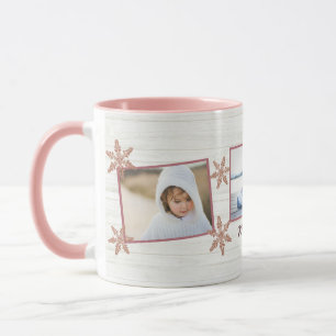 Caneca Nome De Natal Do Floco De Neve rosa Dourado E 3 Fo