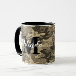Caneca Nome do Monograma Camuflagem Militar Glitter Doura