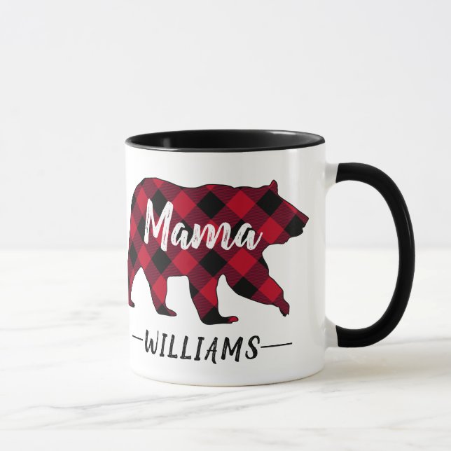 Caneca Nome do Monograma da Xadrez Rústica Mama Ursa Verm (Direita)