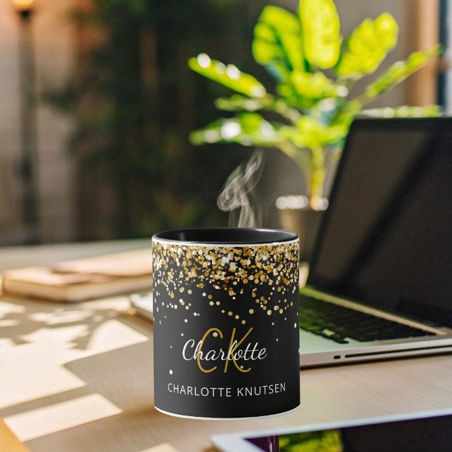 Caneca Nome do monograma de ouro preto (Criador carregado)