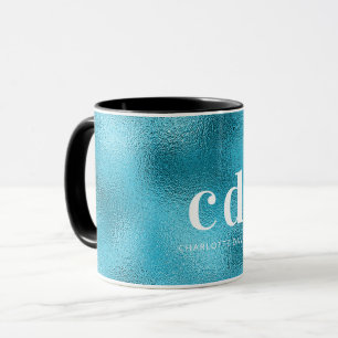 Caneca Nome do monograma metálico branco-azul-oceano