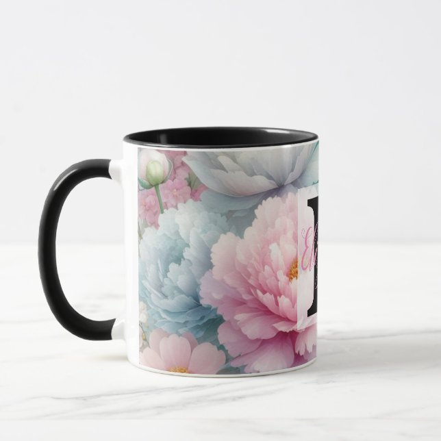 Caneca Nome do monograma na aquarela Flores nos pastéis (Esquerda)