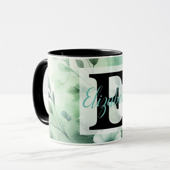 Caneca Nome do monograma na aquarela Flores nos pastéis (Frente Esquerda)